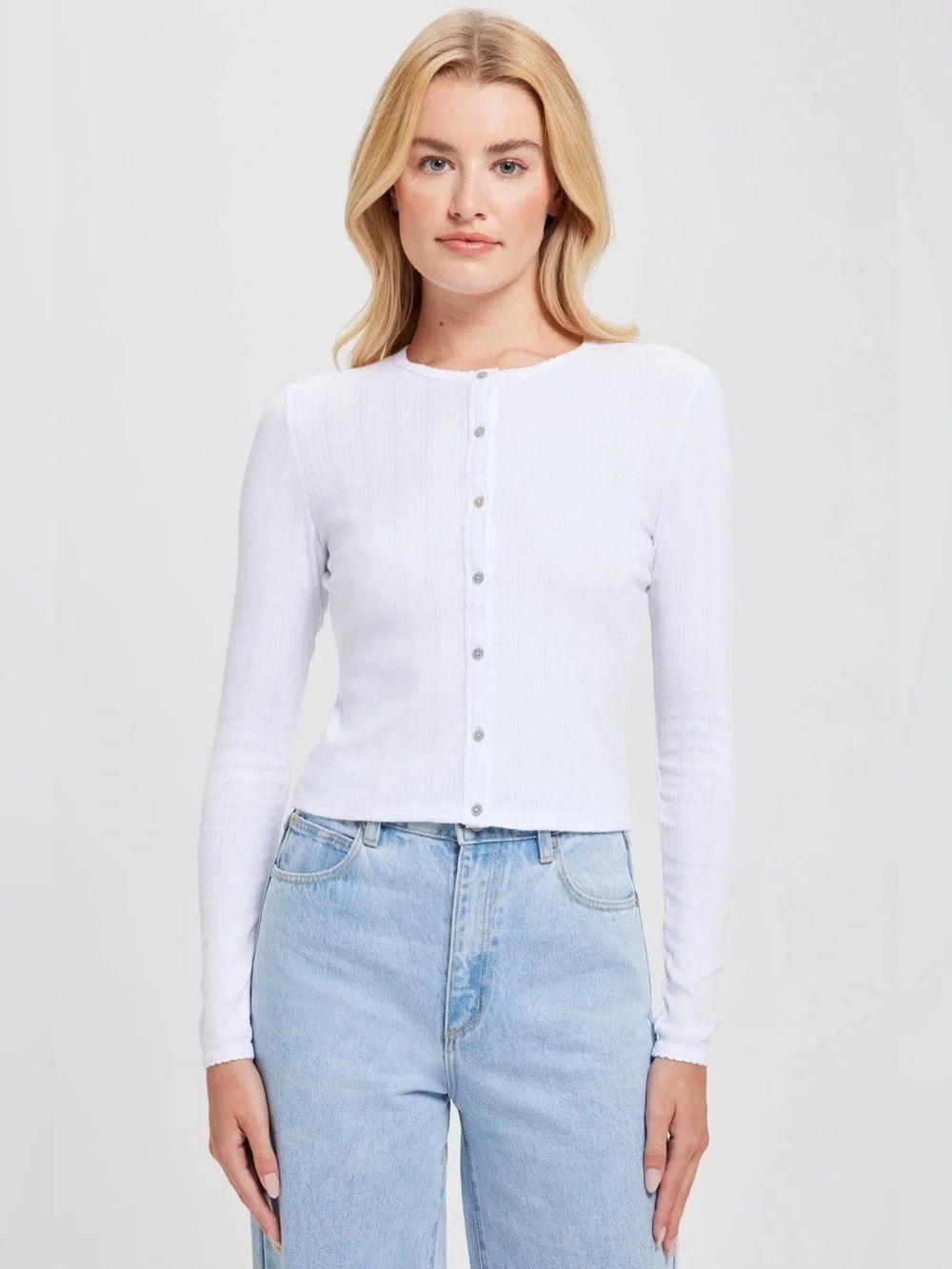 Goldie White Pointelle Crop Cardigan